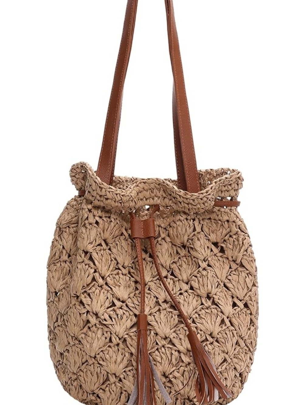 Woven Drawstring Bucket Bag - Tan